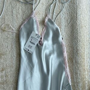 Zara Satin Slip Dress with Pink Lace